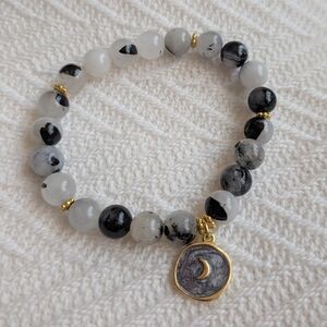 Handcrafted Black & White Moon Charm Beaded Bracelet